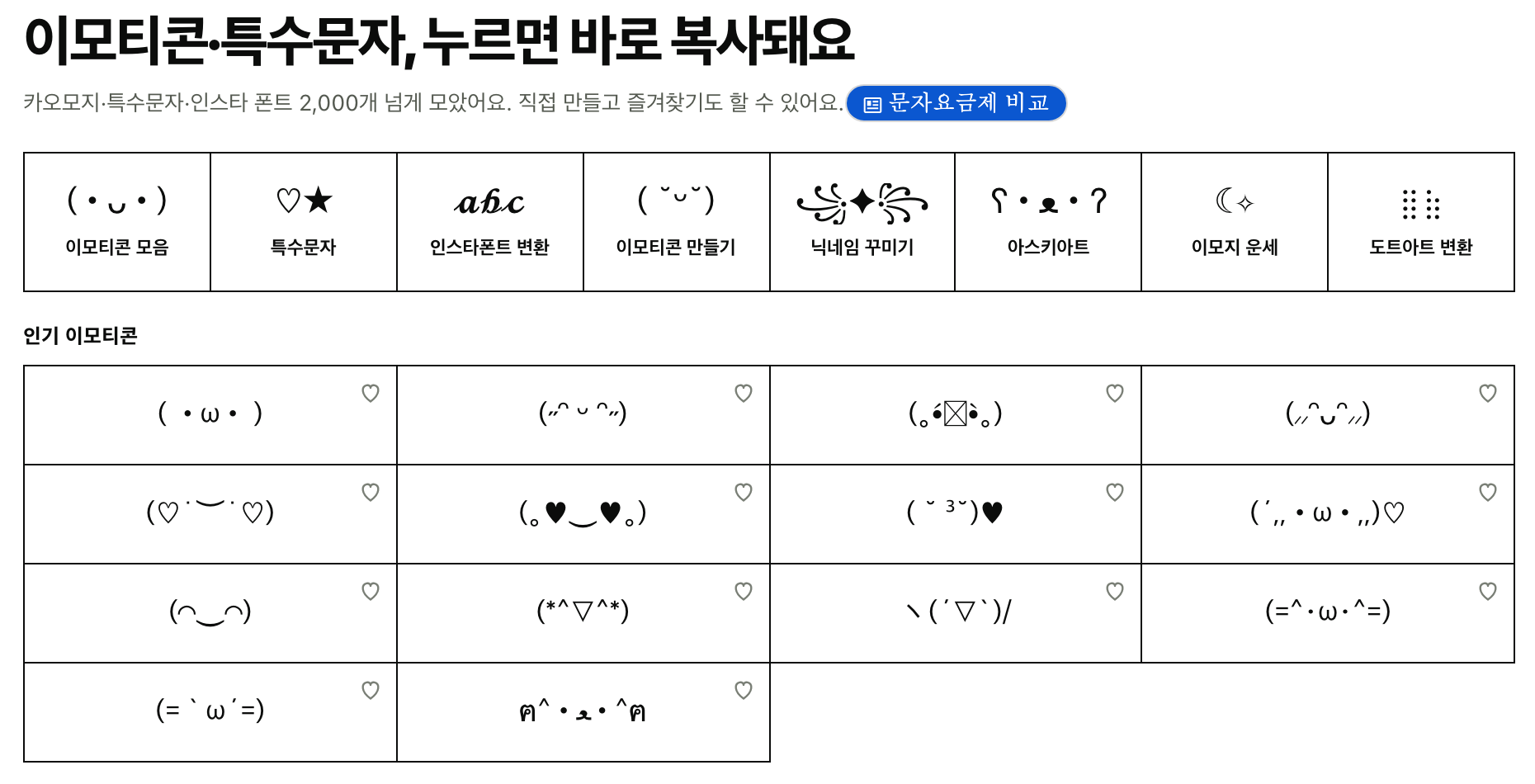 mojibox website showing character copying and conversion